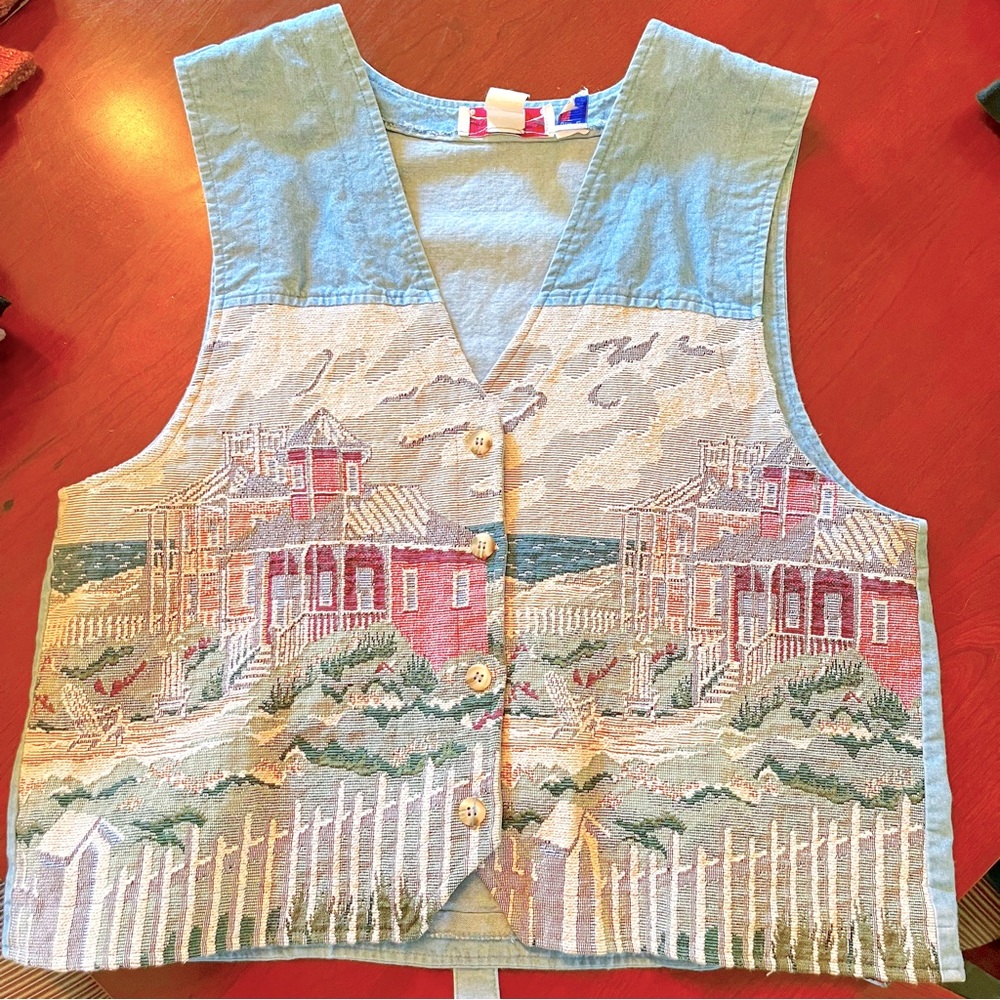 Vintage ORVIS Size XL Denim Tapestry Coastal Scene Vest - Picture 6 of 9